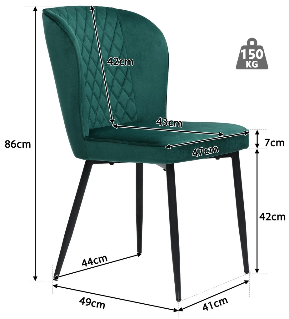 Set de 2 scaune de prânz, scaun tapițat cu spătar, șezut din catifea și structură metalică, 47×43×86 cm, Verde