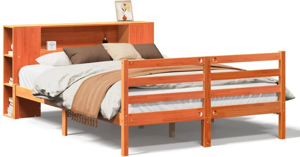 vidaXL Pat cu bibliotecă fără saltea maro 160x200 cm lemn masiv de pin