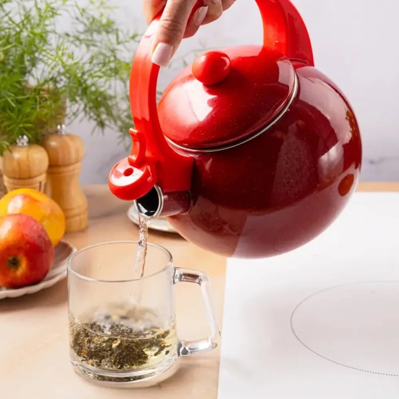 Ceainic cu fluier Kinghoff KH 2080, 2 l, Interior emailat, Toate plitele inclusiv inductie, Rosu