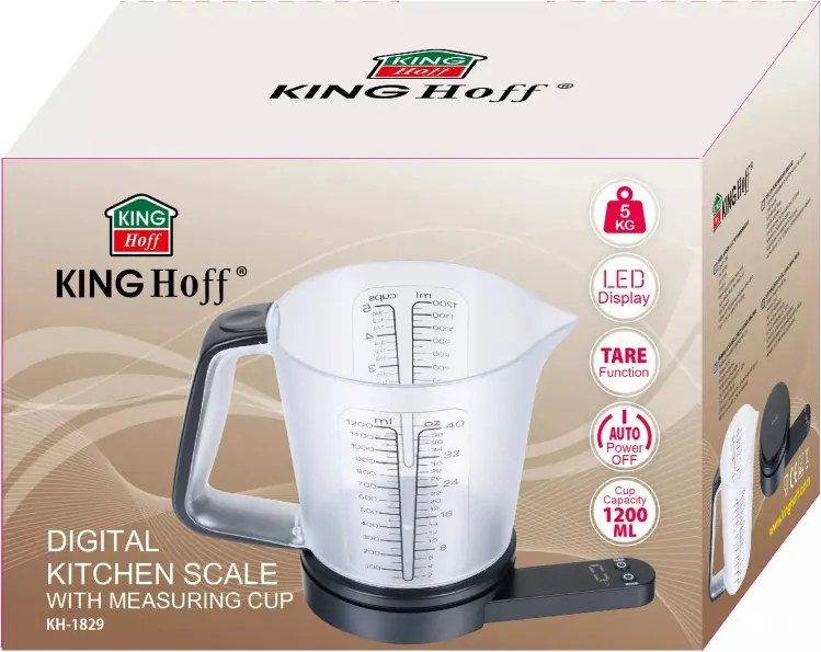 Cântar de bucătărie cu cană gradată Kinghoff KH 1829, 1,5 l, până la 5 kg, TARA, oprire automată, negru