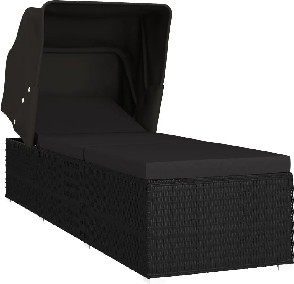 vidaXL Șezlong cu copertină și pernă, negru, poliratan