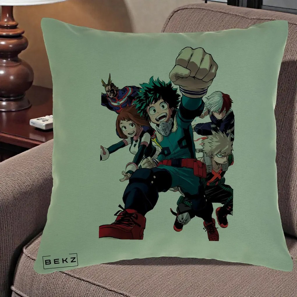 Perna Personalizata My Hero Academia Izuku Deku si Echipa, 40x40 cm, Verde, Husa Detasabila, Perna Inclusa, BEKZ®