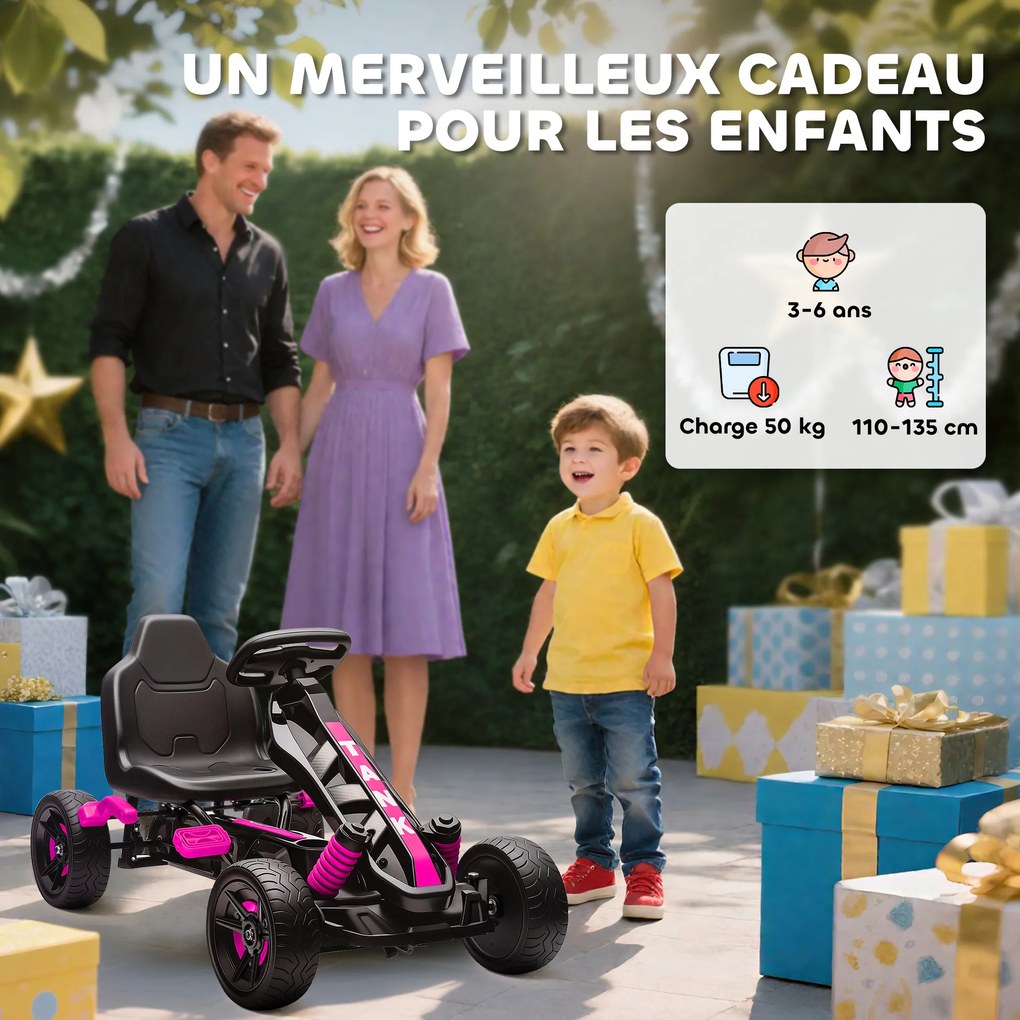 AIYAPLAY Kart cu pedale pentru copii, karting copii 3-6 ani cu ambreiaj automat, frână, roți EVA antiderapante, roz | Aosom Romania