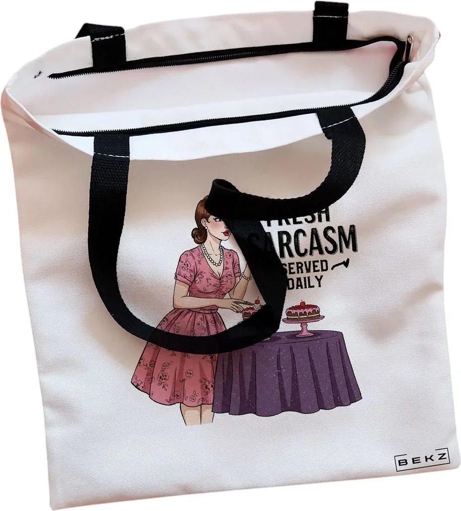 Sacosa de Panza pentru Cumparaturi, Geanta Tote, model Fresh sarcas, Served Daily, Cu fermoar, 38x34.5 cm, Alba, BEKZ®