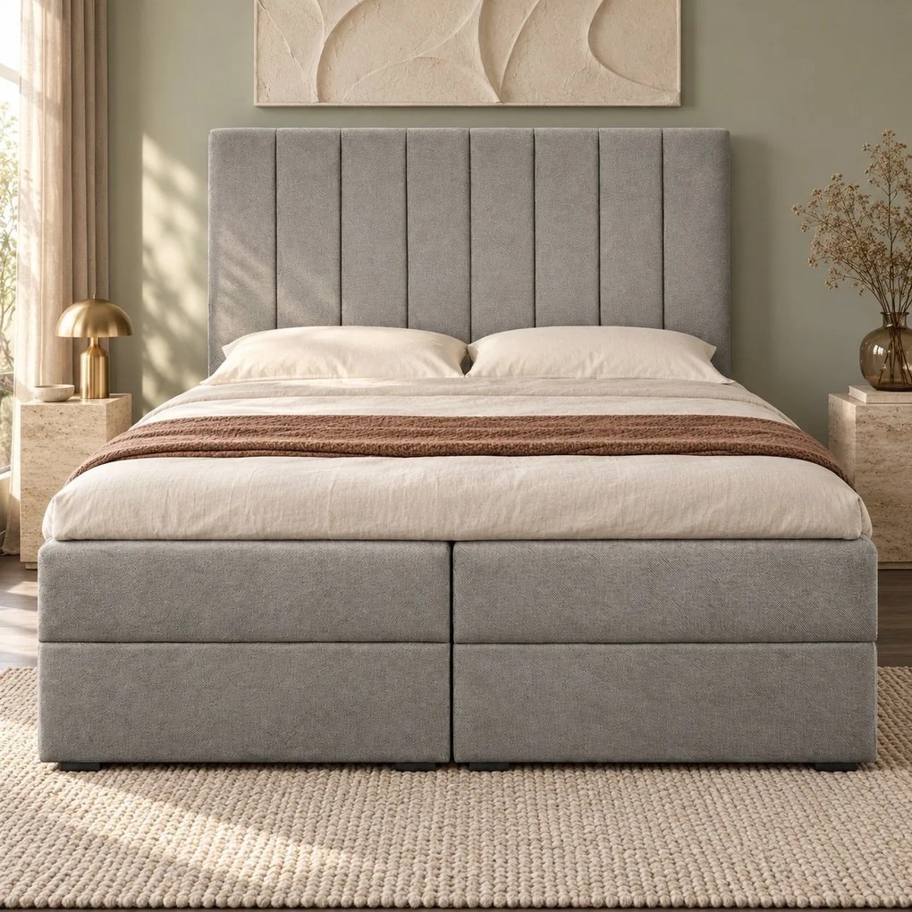 Pat boxspring din catifea Novella cu ladă 180×200 cm, gri deschis