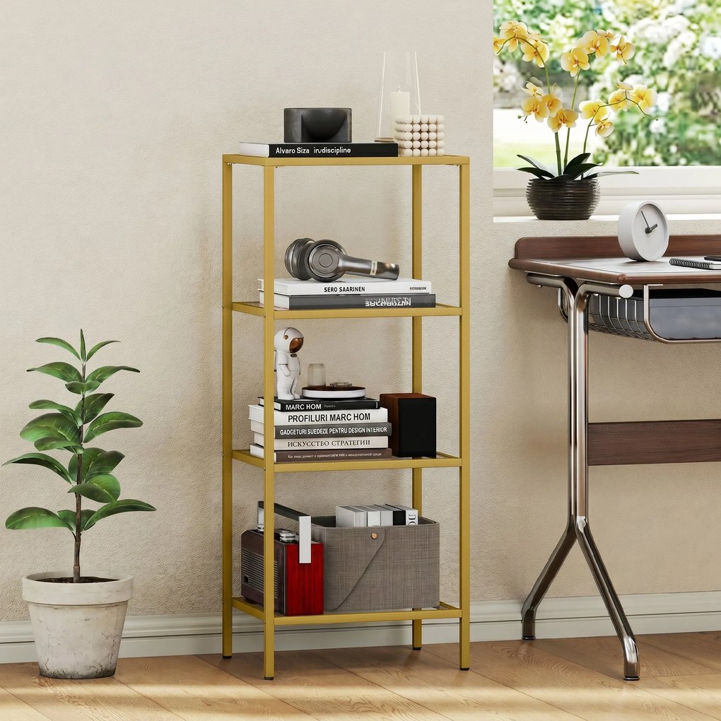 HOMCOM Unitate de Rafturi cu 4 Nivele, Raft de Sticlă, Raft de Stocare Vertical pentru Sufragerie, Birou Acasă, Dormitor, Baie, Tonuri de Aur | Aosom Romania