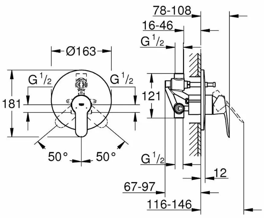 Baterie cada sau dus incastrata crom, corp incastrat inclus, Grohe BauEdge