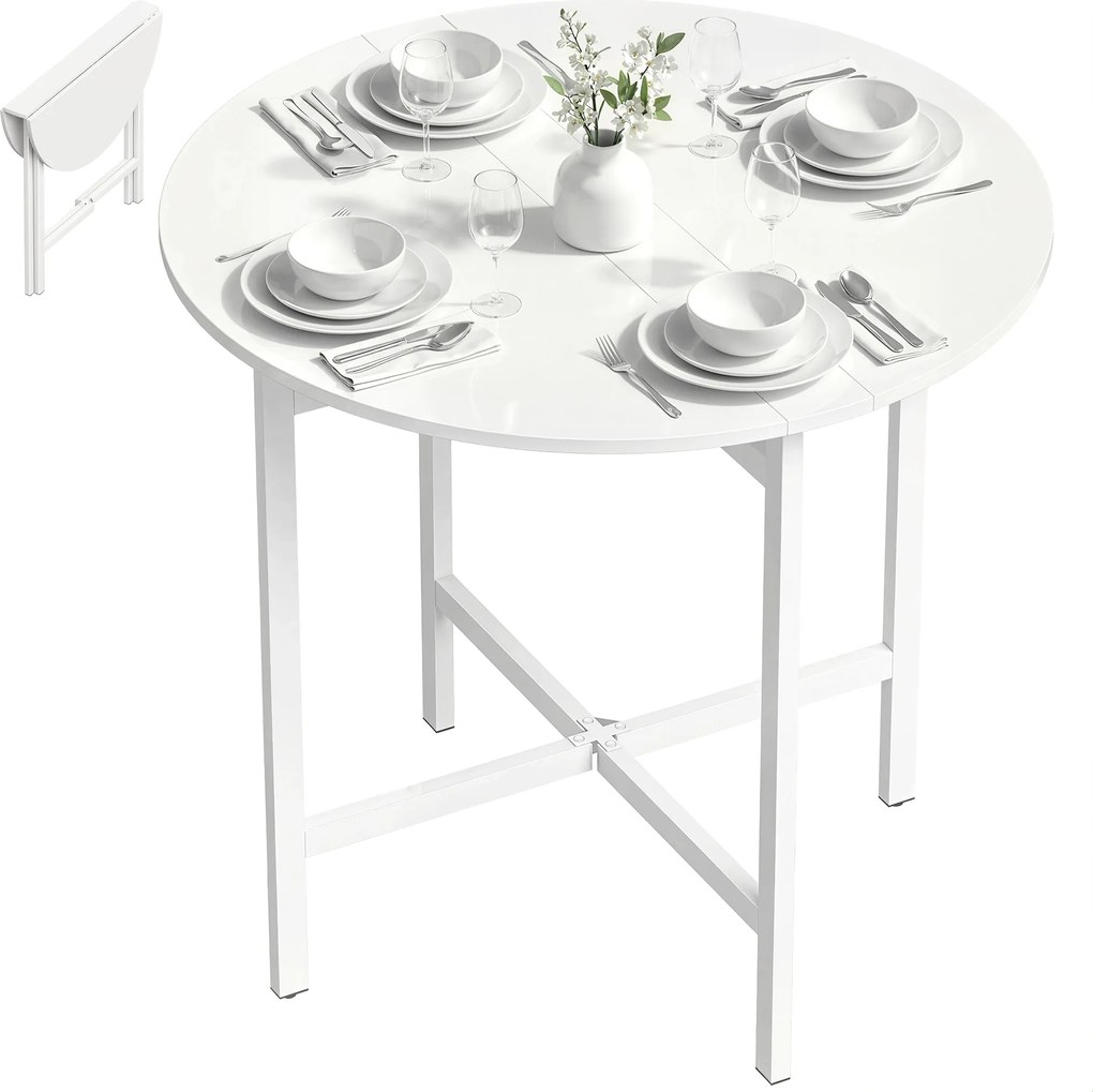 HOMCOM Masă de sufragerie pliabilă, masă de bucătărie rotundă Ø 80 cm pentru 4 persoane cu 2 extensii, picioare din oțel, alb | Aosom Romania