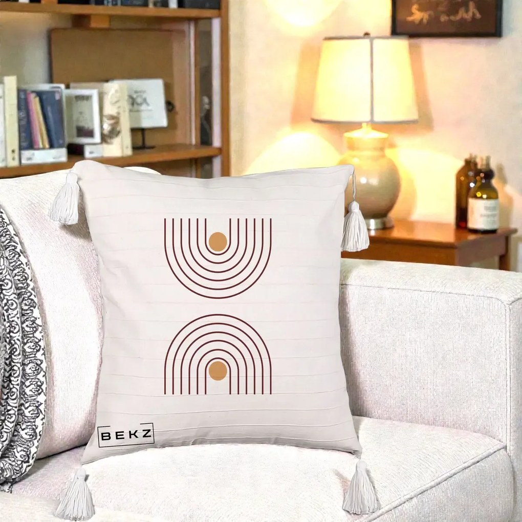 Perna Decorativa Geometric Boho Arc, 40x40 cm, Bej cu Franjuri, Husa Detasabila, Perna Inclusa, BEKZ®
