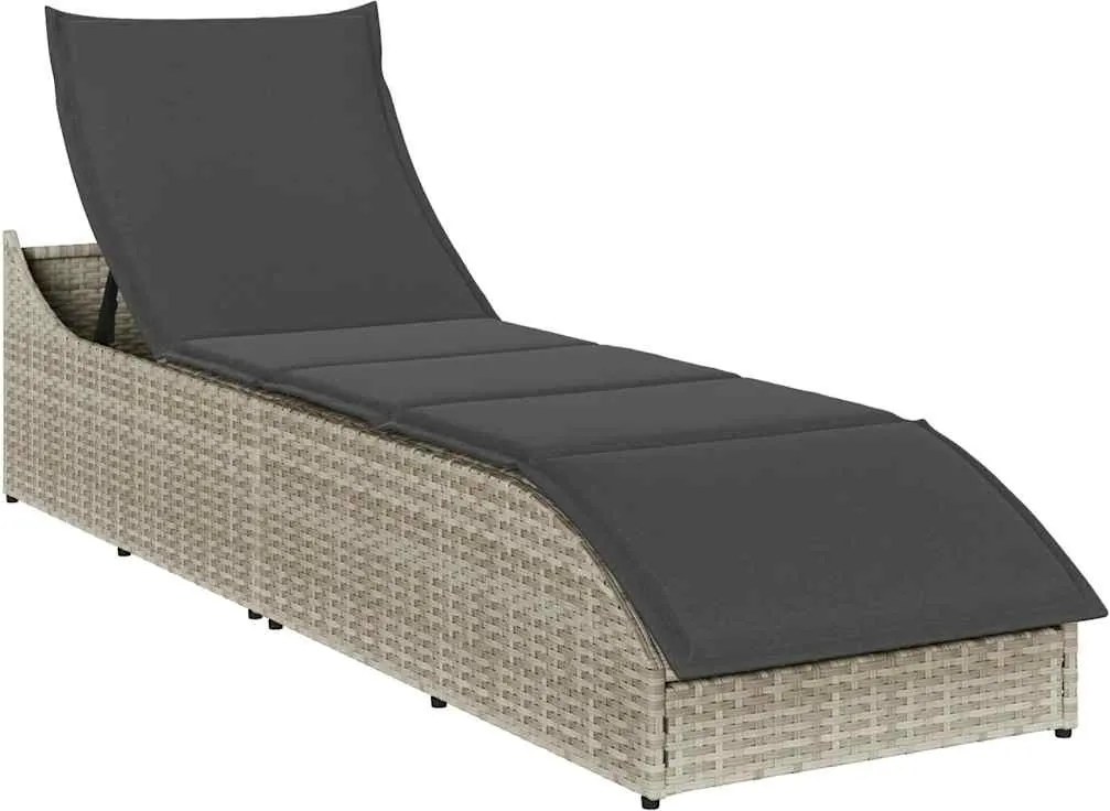 vidaXL Sezlong pliabil cu pernă și depozitare polirattan gri deschis