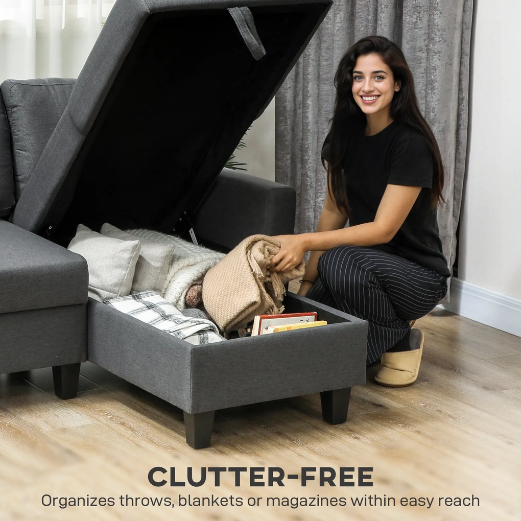 HOMCOM Canapea Extensibilă cu 3 Locuri cu Șezlong și Spațiu de Depozitare, 197x129x85 cm, Gri Închis | Aosom Romania