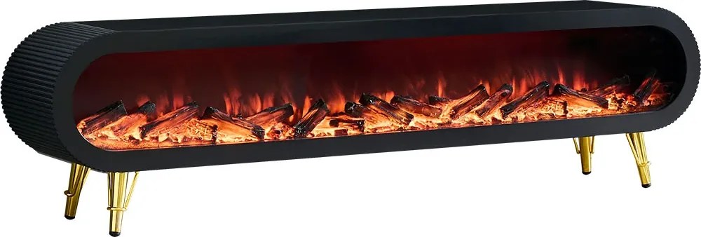 Șemineu electric cu efect LED realist, Comodă TV cu design oval, control vocal și telecomandă, fără încălzire, 180 cm, Negru