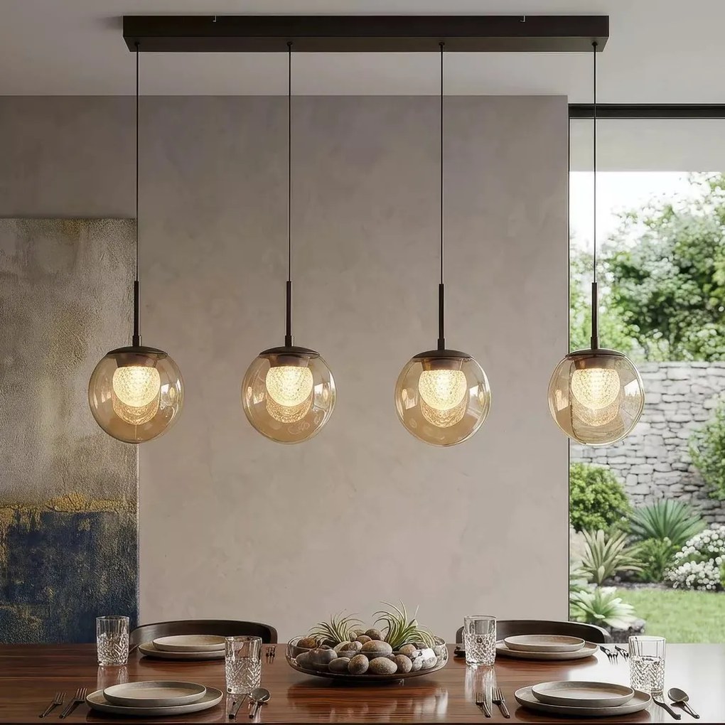 Lustra cu 4 pendule LED, Solis, Sticla Efect Champagne si Metal Bronz