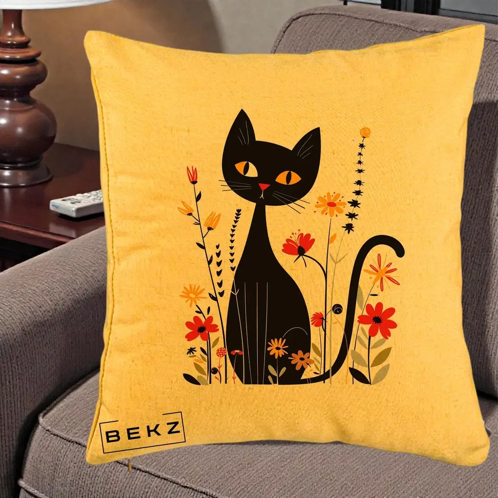 Perna Decorativa Pisica Neagra Ochi Galbeni Flori, 40x40 cm, Galben, Husa Detasabila, Perna Inclusa, BEKZ®