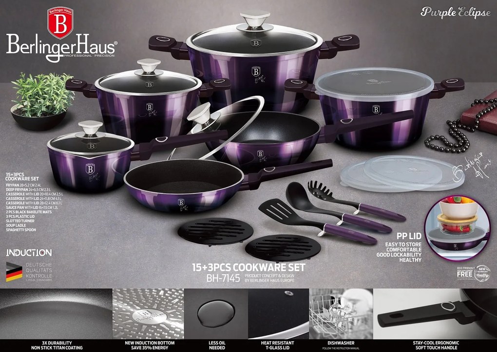Set oale si tigai cu capace 18 piese Purple Eclipse Berlinger Haus BH 7145, antiaderente, strat titan, mov