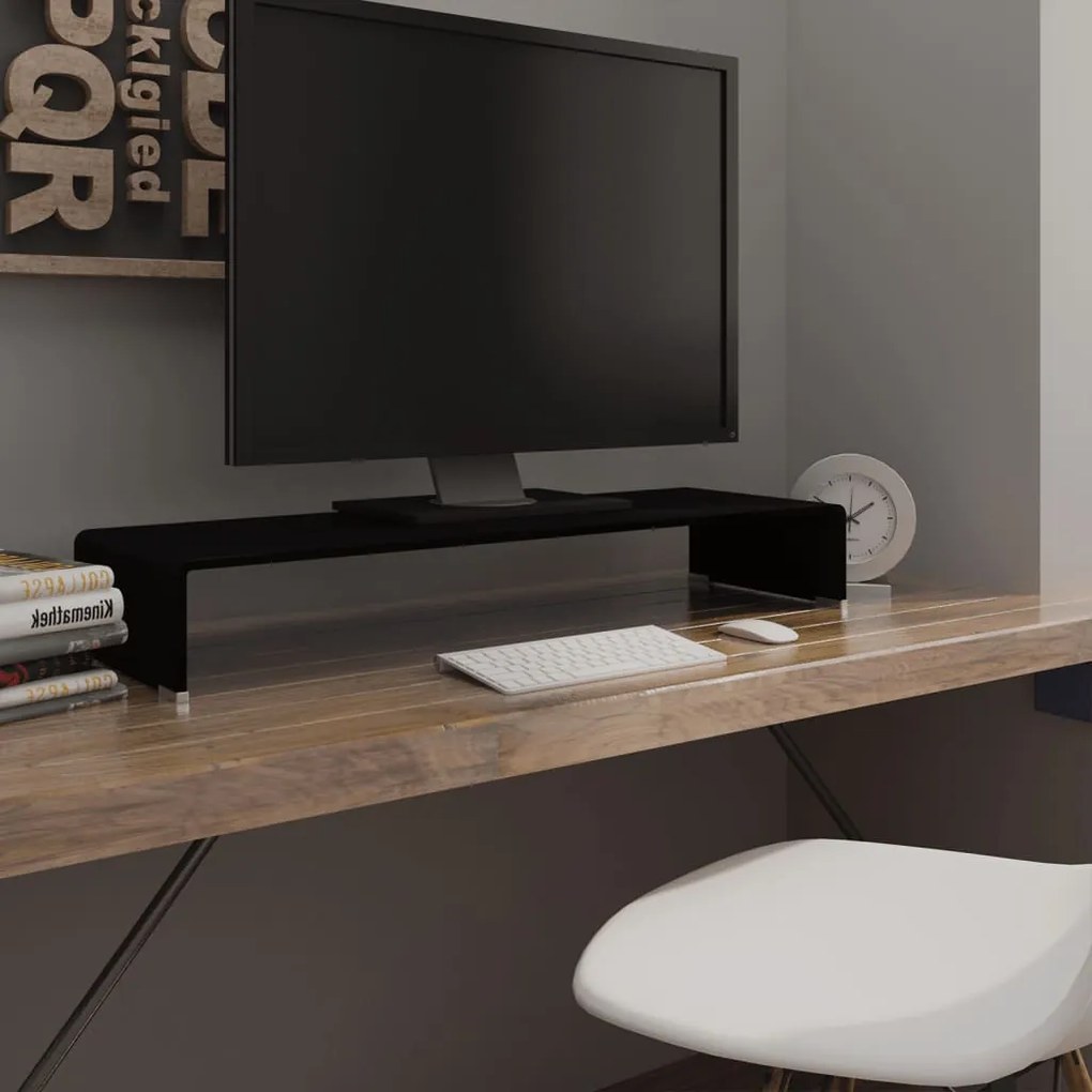 Stand TV Suport monitor sticla, 90x30x13 cm, negru 1, Negru, 90 x 30 x 13 cm