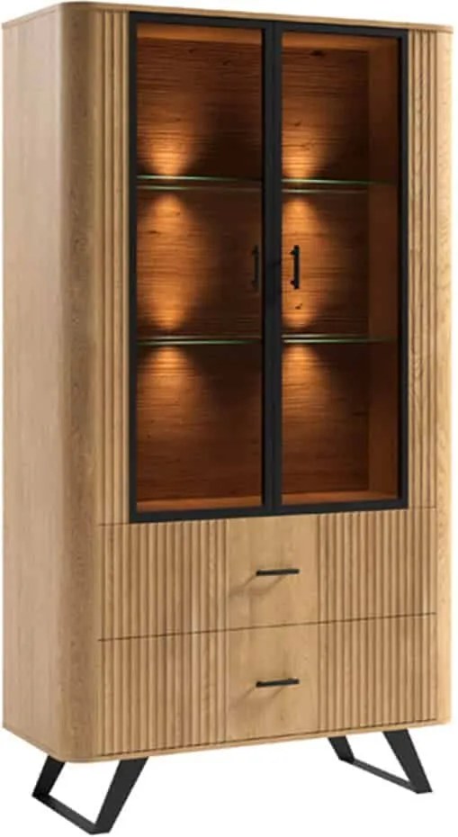 Vitrină lemn masiv natur Santiago II -Negru, 94,2 × 39,7 × 170 cm