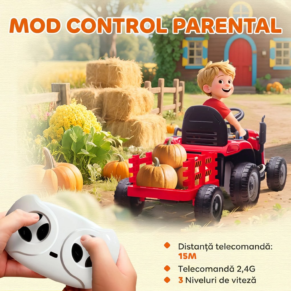AIYAPLAY 2 în 1 Tractor Electric pentru Copii 3-8 Ani cu Remorcă Detașabilă, Telecomandă, Muzică, Lumini, Roșu | Aosom Romania