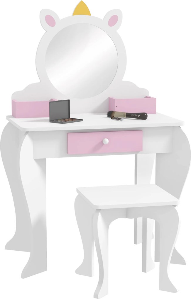 ZONEKIZ Set de Toaletă pentru Fete cu Taburet și Oglindă, Design Unicorn | Aosom Romania