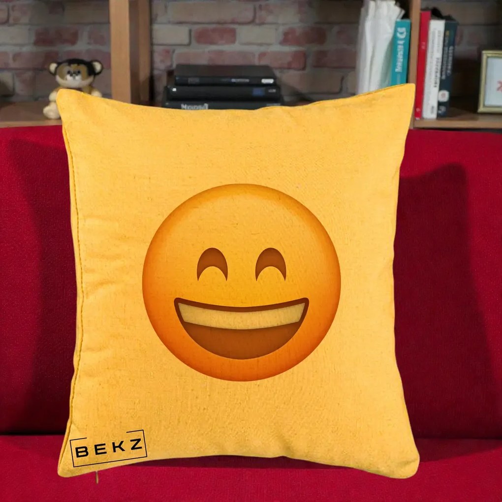 Perna Decorativa Emoji Zambet Mare, 40x40 cm, Galben, Husa Detasabila, Perna Inclusa, BEKZ®