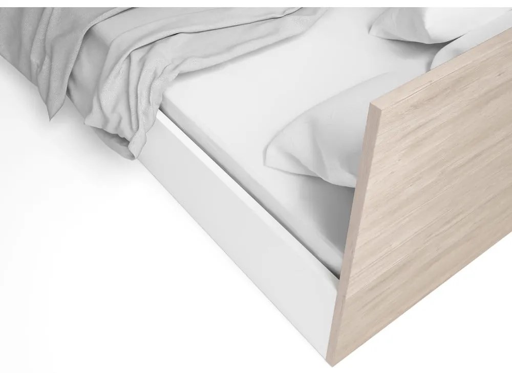 Pat matrimonial alb/cu aspect de lemn de stejar cu spațiu de depozitare 140x190 cm Sahara – Marckeric