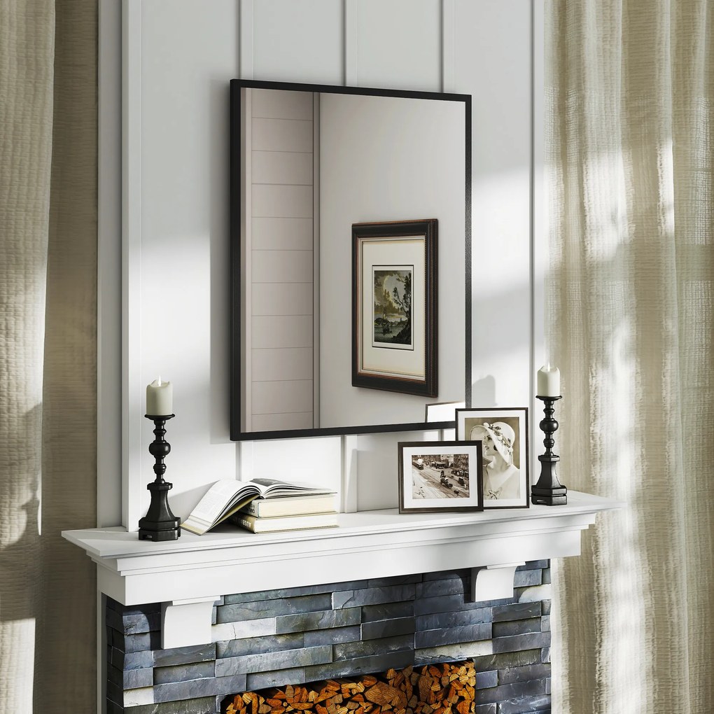 HOMCOM Oglindă de perete rectangulară 90 x 70 cm, cadru din lemn negru, ideală pentru baie, living sau dormitor | Aosom Romania