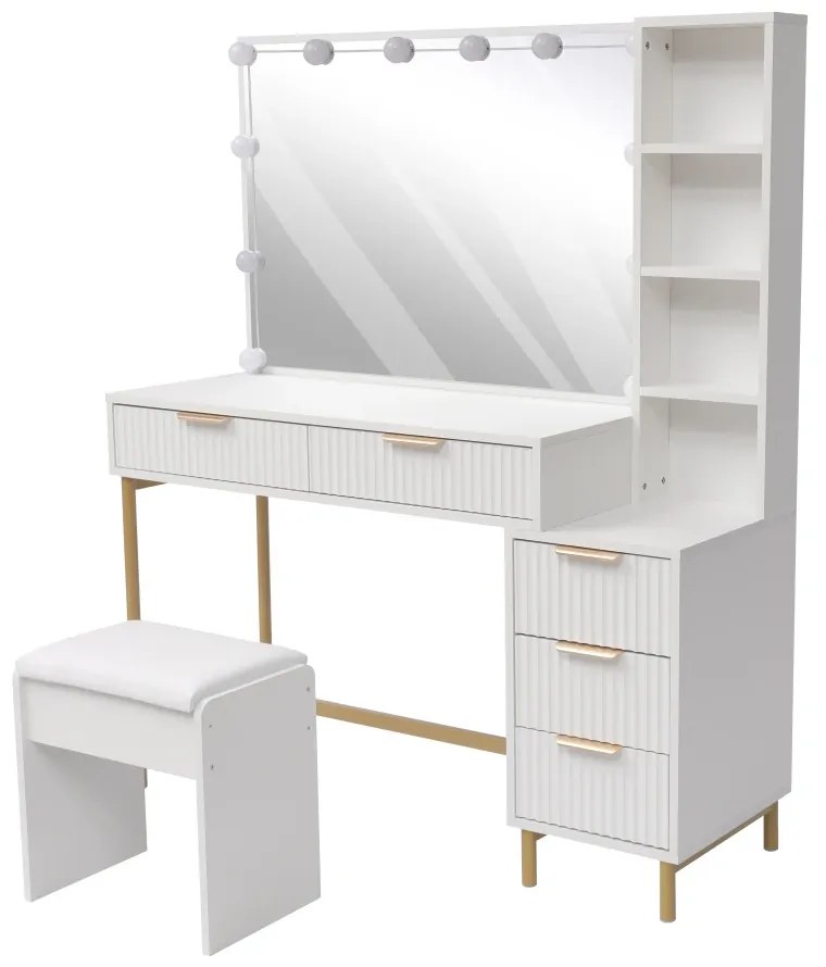 Set ANDIA – Masă de Toaletă pentru Machiaj, Oglinda Iluminata, Becuri LED, 5 sertare, Rafturi, Scaun, Alb/Auriu