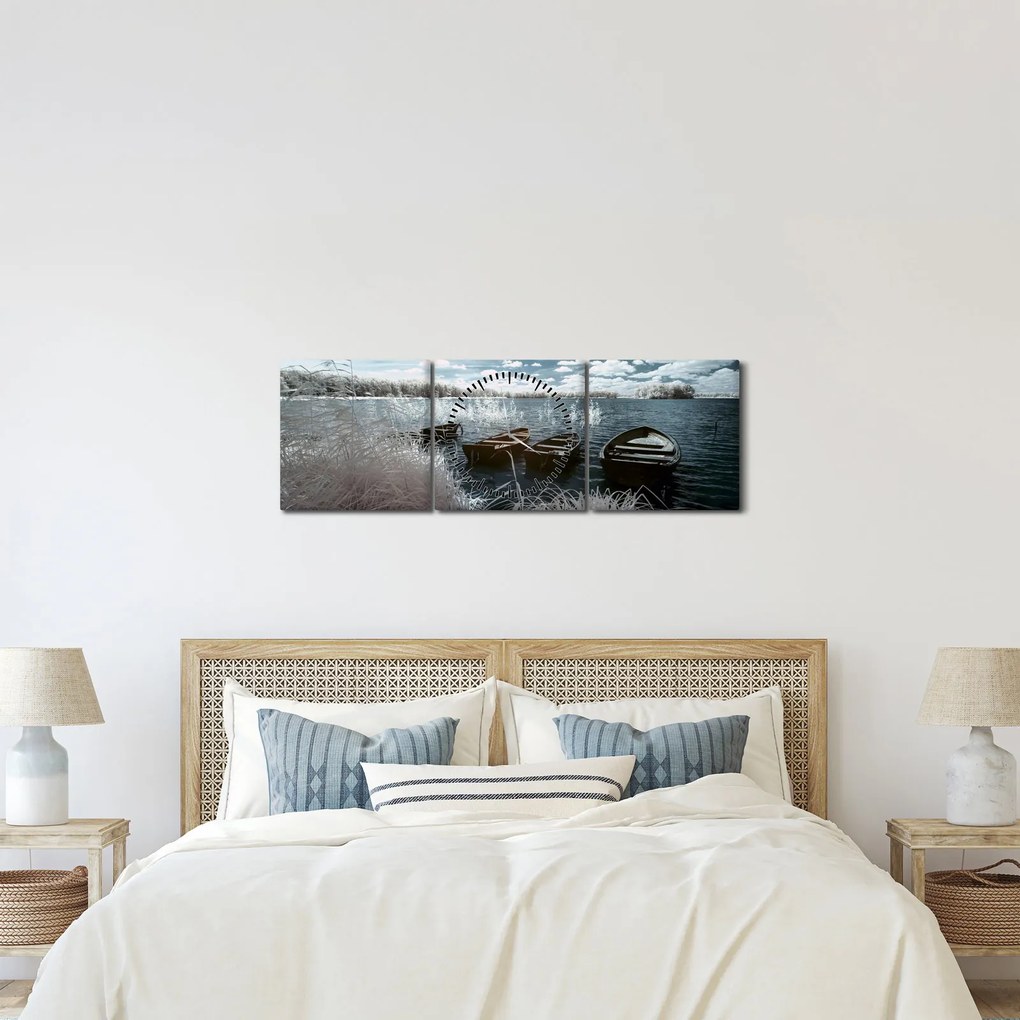 Tablou - Bărci de lemn pe lac (cu ceas) (90x30 cm)