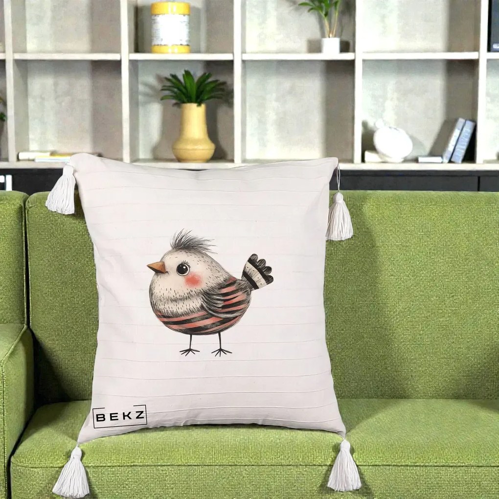 Perna Decorativa Pui Expresiv Dungi Negru-Rosu, 40x40 cm, Bej cu Franjuri, Husa Detasabila, Perna Inclusa, BEKZ®