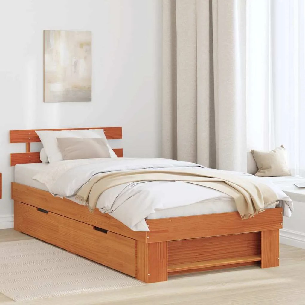 vidaXL Cadru de pat cu sertar cu headboard cu depozitare Maro ceruit 90 x 200 cm Lemn de brad