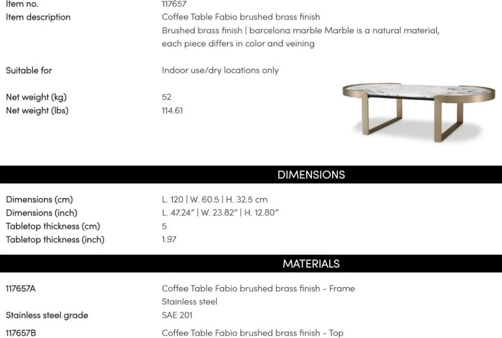 Masuta de cafea design elegant LUX Fabio, alama periata