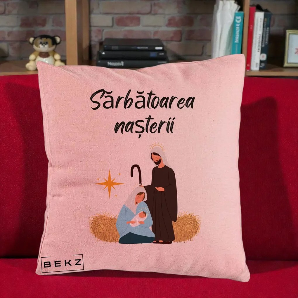 Perna Decorativa Nasterea Domnului Sfanta Familie Sarbatoarea Nasterii, 40x40 cm, Roz, Husa Detasabila, Perna Inclusa, BEKZ®