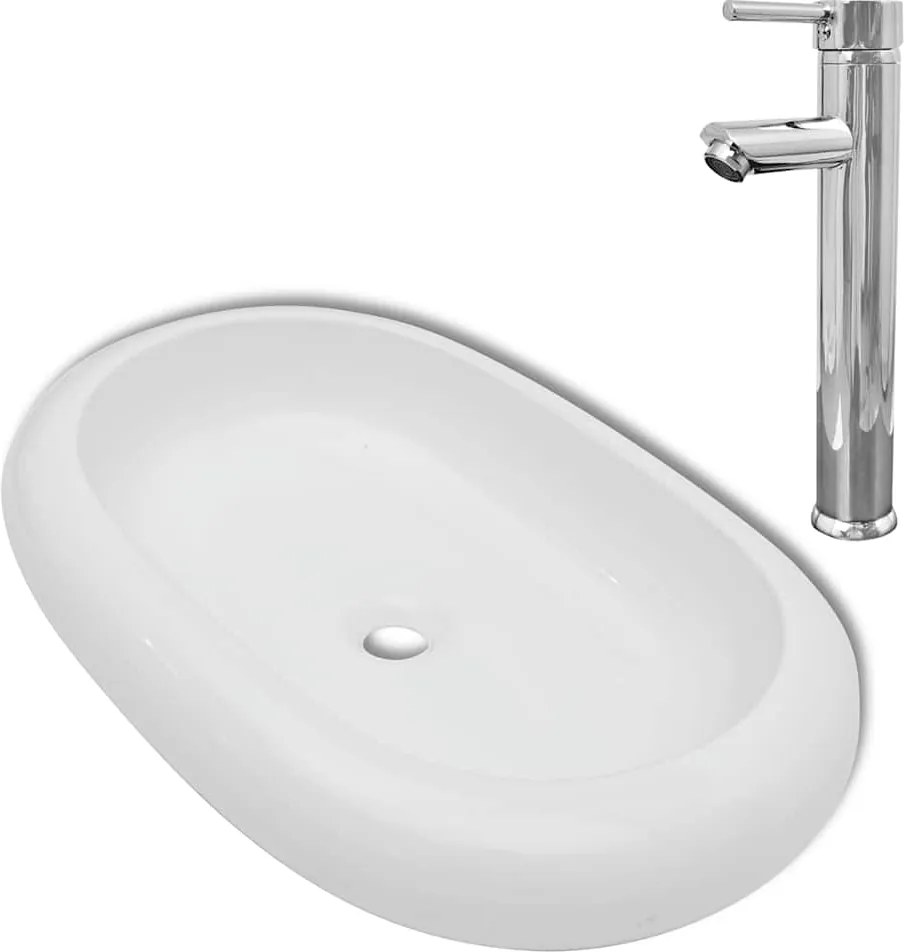 vidaXL Chiuvetă de baie cu robinet mixer, ceramic, oval, alb