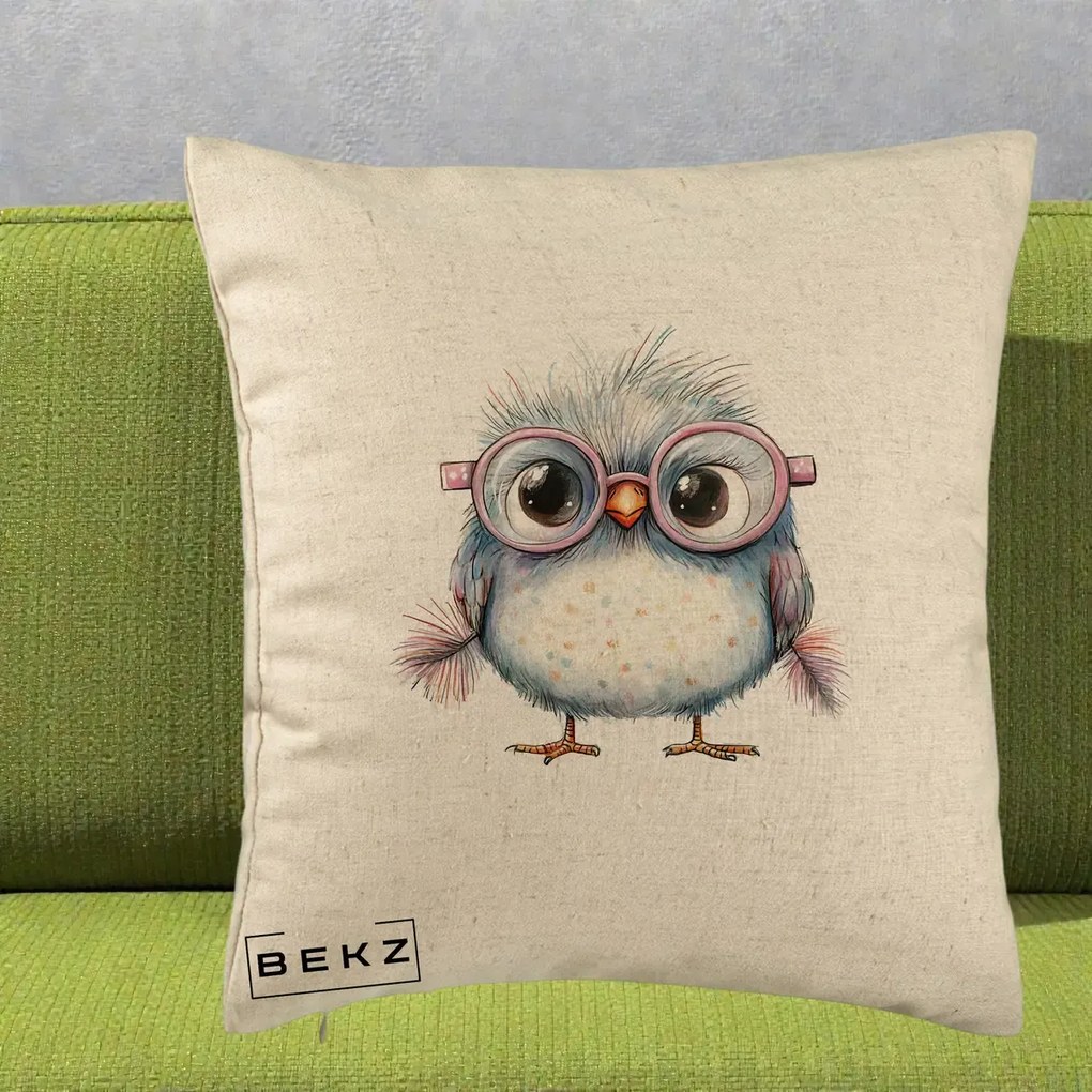 Perna Decorativa Pui Pufos cu Ochelari Roz, 40x40 cm, Bej, Husa Detasabila, Perna Inclusa, BEKZ®