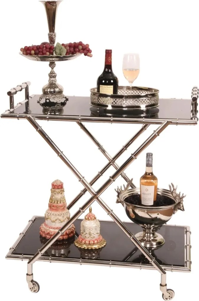 Cărucior de servire din oțel și sticlă, argintiu, cu două rafturi din sticlă, pe roți, cu picioare încrucișate, finisaj patinat, 88 x 82 x 56 cm,