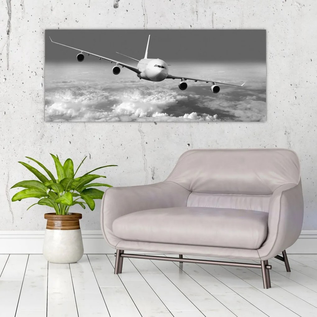Tablou - Avion în nori, alb și negru (120x50 cm)