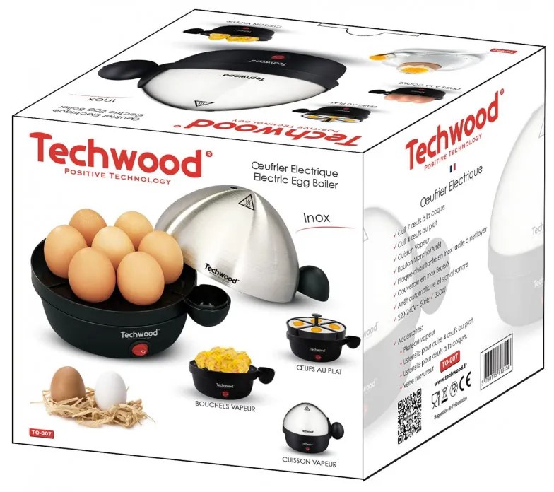 Fierbator pentru ouа Techwood TO-007, 350W, 7 oua, Functie de prajire pana la 4 ouăa, Alarma, Negru/Inox