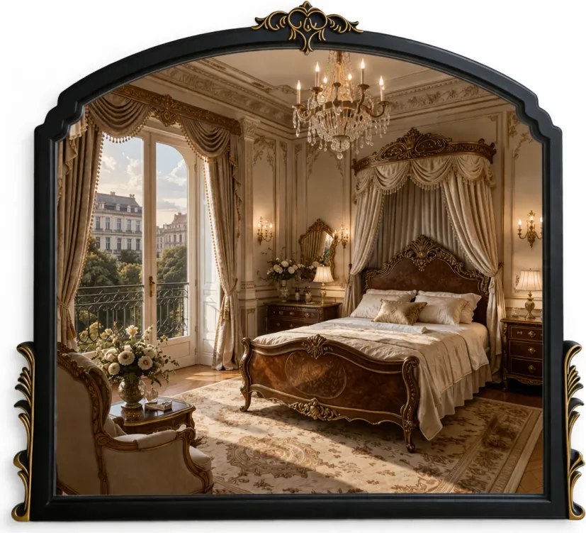 Oglindă decorativă de perete, ramă negru-auriu antichizată, 65x90 cm