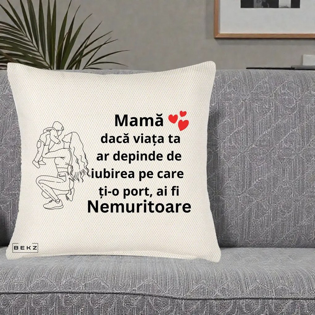 Cadou pentru Mama - Perna Personalizata Mama Nemuritoare Portret Graphic, 40x40 cm, Crem Reliefat, Husa Detasabila, Perna Inclusa, BEKZ®