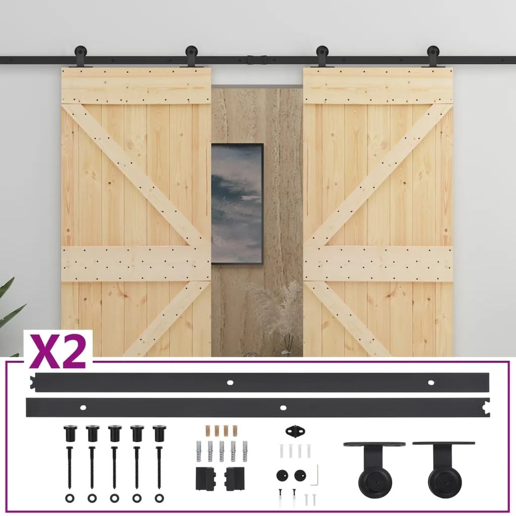 Usa glisanta cu set feronerie, 90 x 210 cm, lemn masiv de pin 2, Maro, 90 x 210 cm