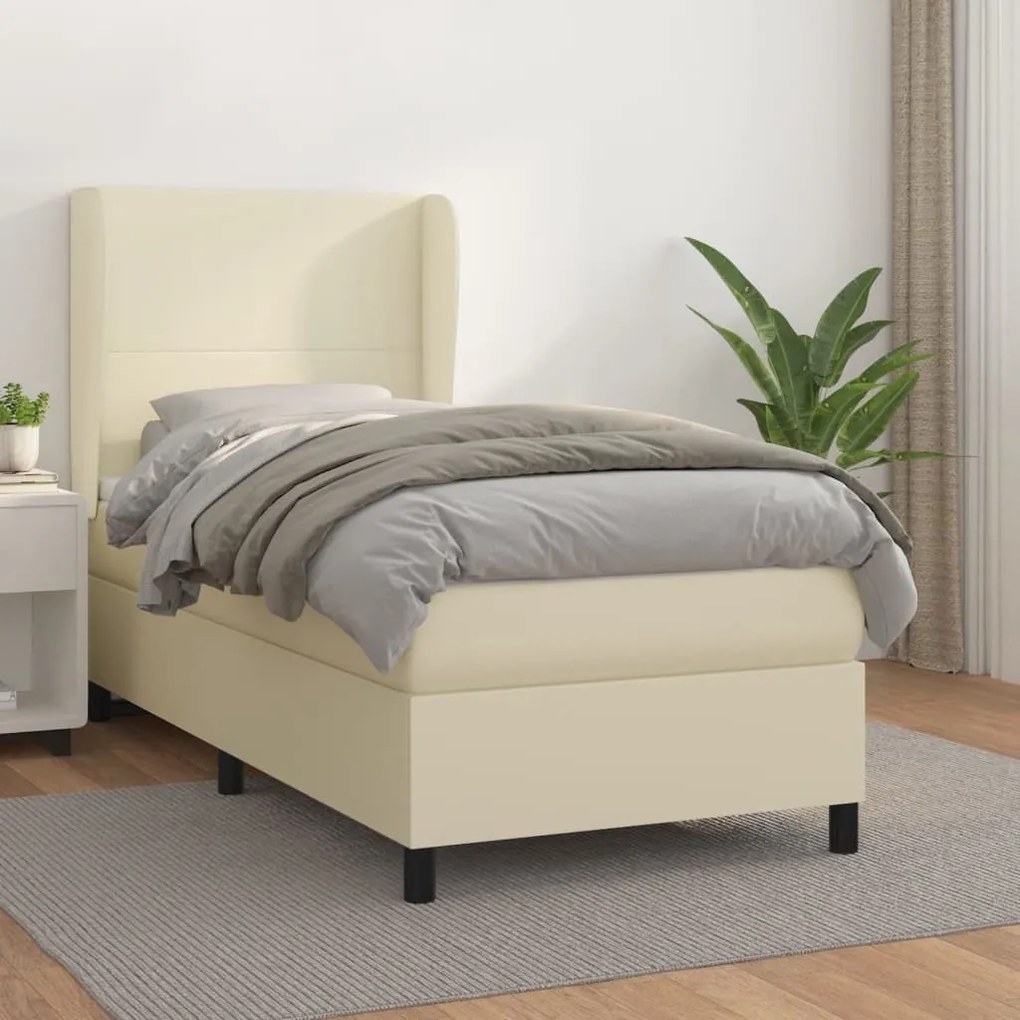 3128897 vidaXL Pat box spring cu saltea, crem, 100x200 cm, piele ecologică