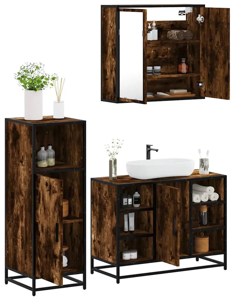vidaXL Set mobilier de baie, 3 piese, stejar fumuriu, lemn prelucrat