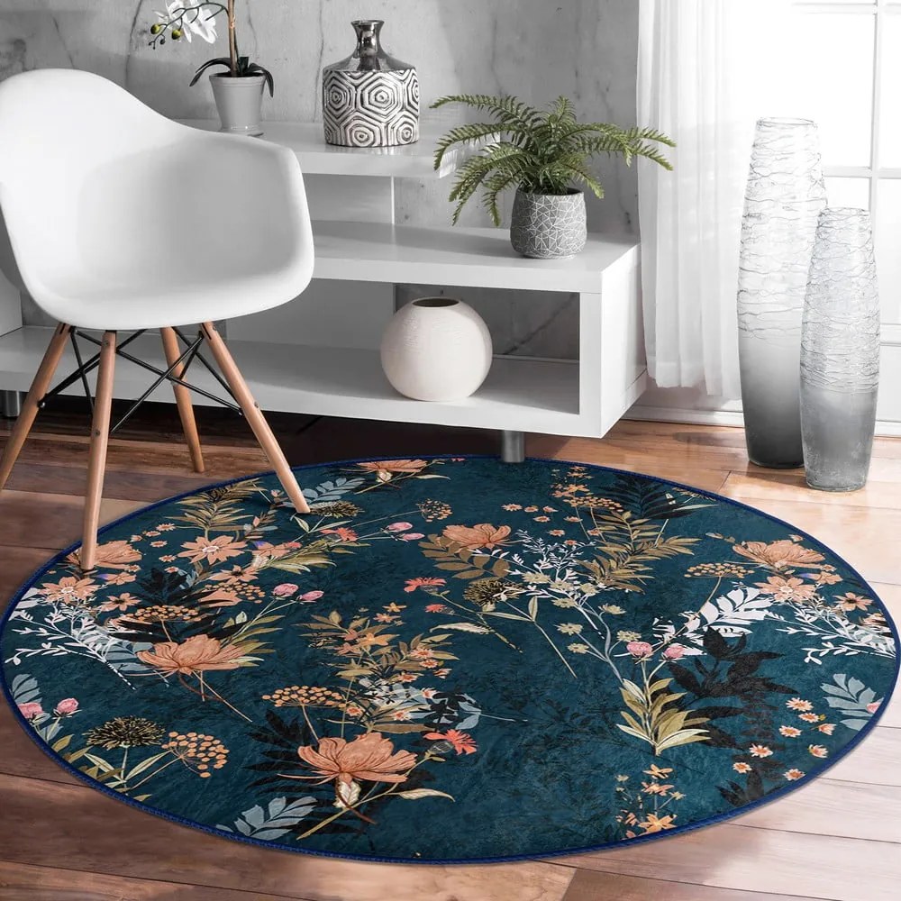 Covor rotund albastru închis lavabil adecvat și pentru aspiratoare robot ø 80 cm Comfort – Mila Home