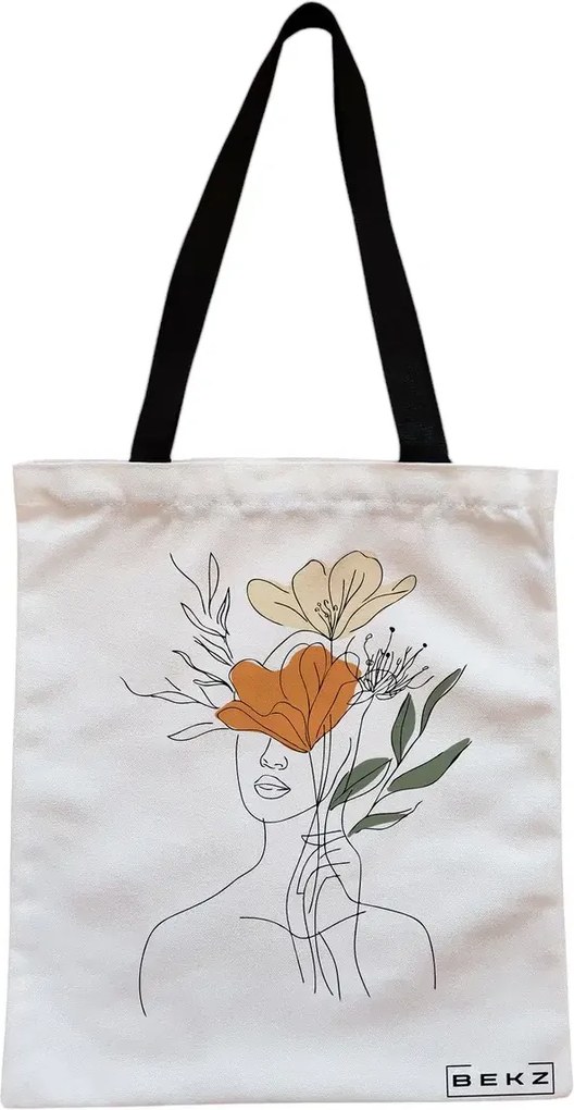Sacosa de Panza pentru Cumparaturi, Geanta Tote, Flower Lady 3, Cu fermoar, 38x34.5 cm, Alba, BEKZ®