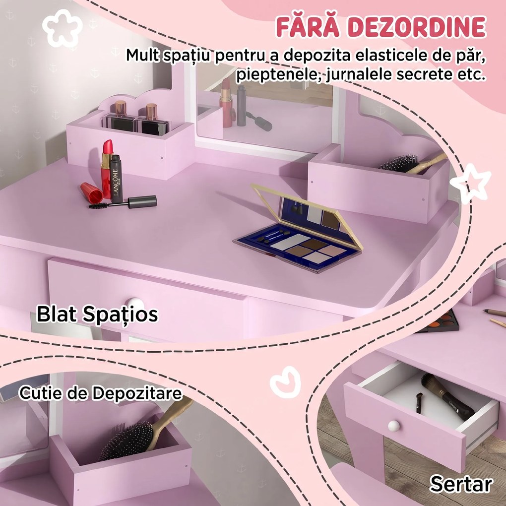ZONEKIZ Set Toaletă pentru Copii cu Oglindă pentru Machiaj și Scaunel din Lemn Roz | Aosom Romania