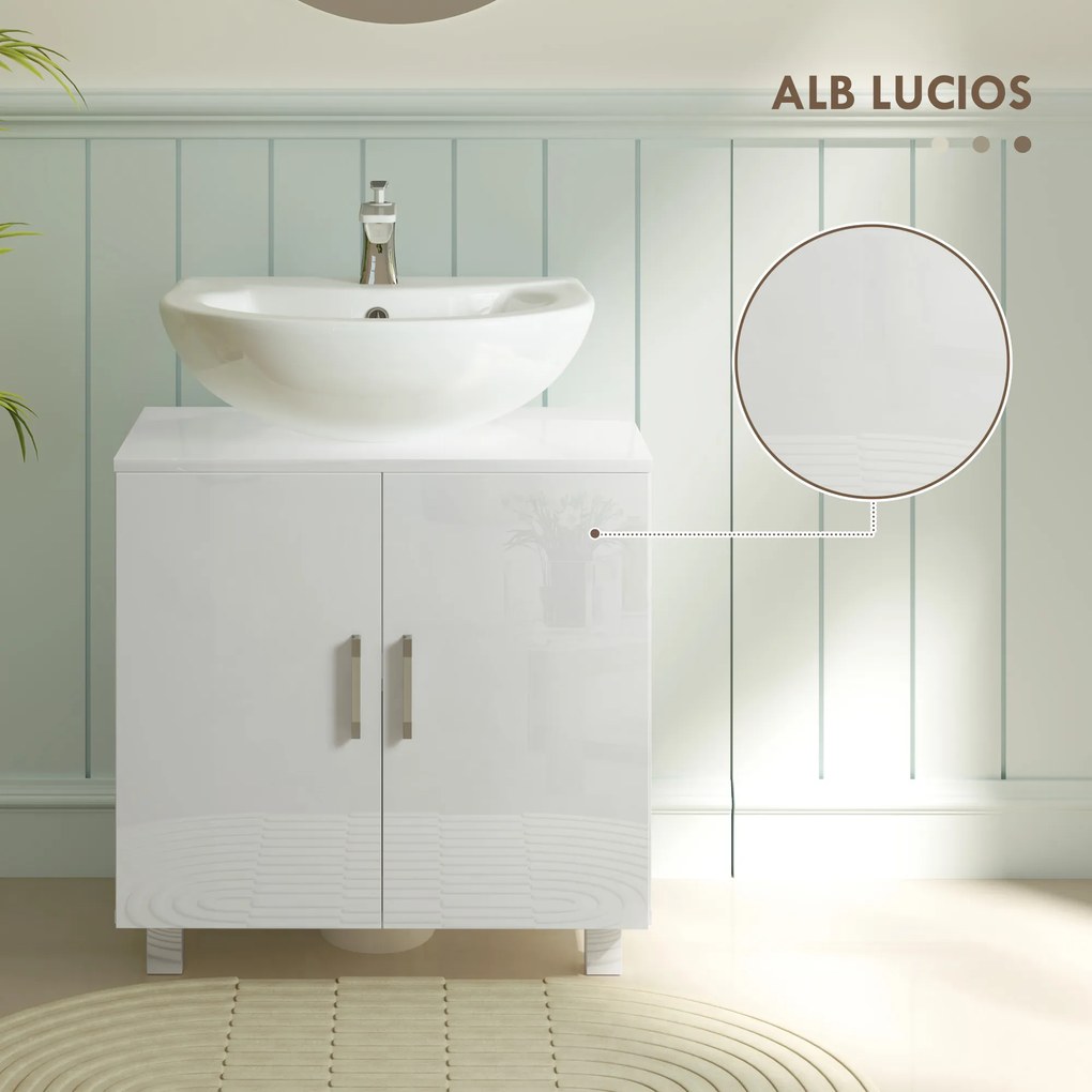 HOMCOM Dulap Baie Sub Chiuvetă, cu 2 Uși, Raft Central, Mâner și Picioare Antiderapante, 60x35x60 cm, Alb Lucios | Aosom Romania