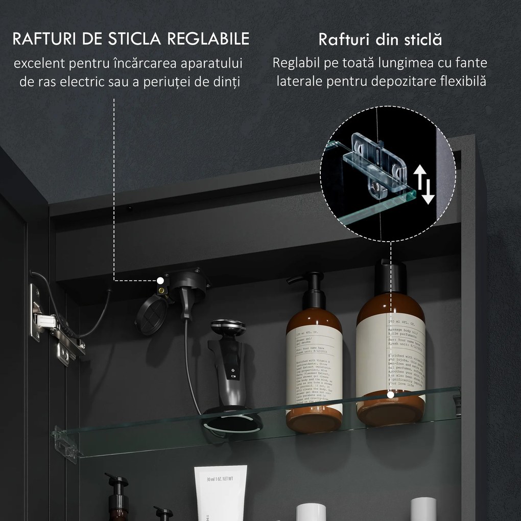 HOMCOM Dulap cu Oglindă pentru Baie cu Lumini LED și Priză pentru Aparat de Ras, Dulap Suspendat cu Funcție Anti-Ceață, Reglare Luminozitate, 3 Culori, Negru | Aosom Romania