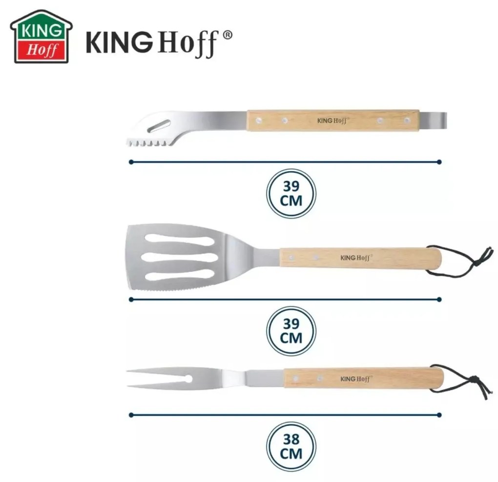 Set 3 ustensile pentru gratar Kinghoff KH1918, inox, manere din lemn
