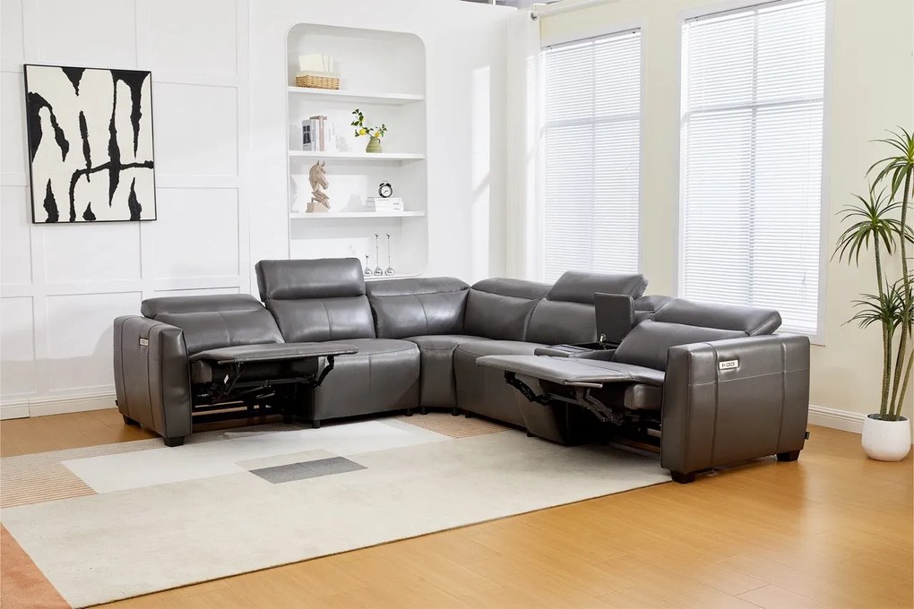 Coltar dumonde cu 2 reclinere electrice, tetiere reglabile, incarcare wireless, suport pahare Valen 334x83cm