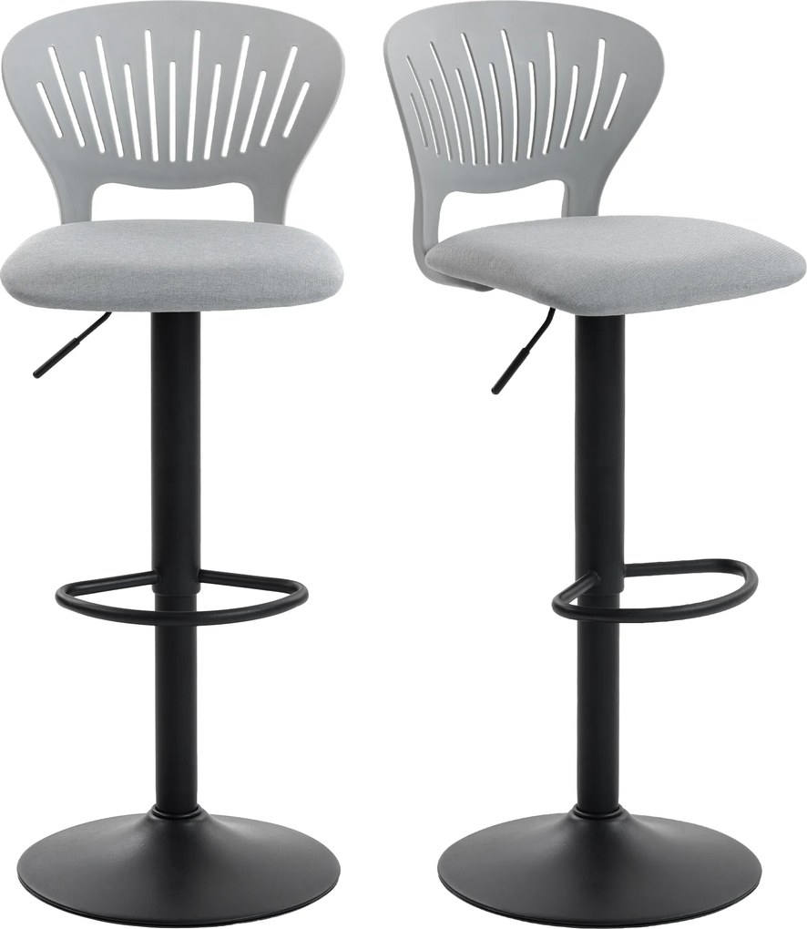 HOMCOM Set de 2 taburete de bar rotative 360°, reglabile 84-105 cm, spătar decupat, suport pentru picioare, gri | Aosom Romania